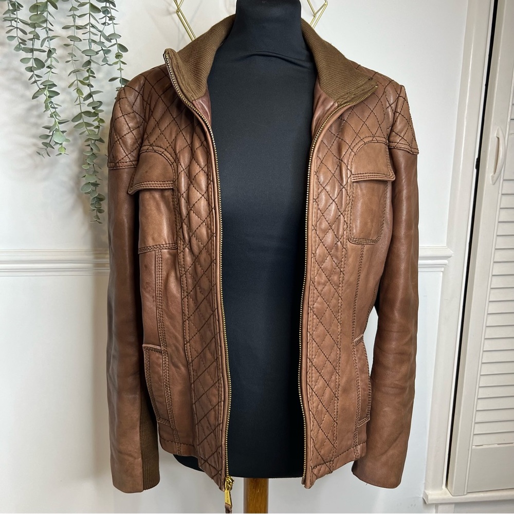 Michael kors brown tan leather with wool collar aviation style bomber jacket xl - Picture 1 of 12